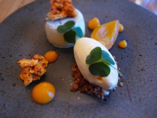 vanilla panacotta, apricots, granola flapjack, heather honey ice-cream