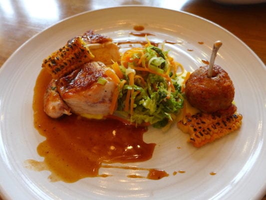 St Brides chicken breast, truffle Kiev lollipop, greens and scorched maize