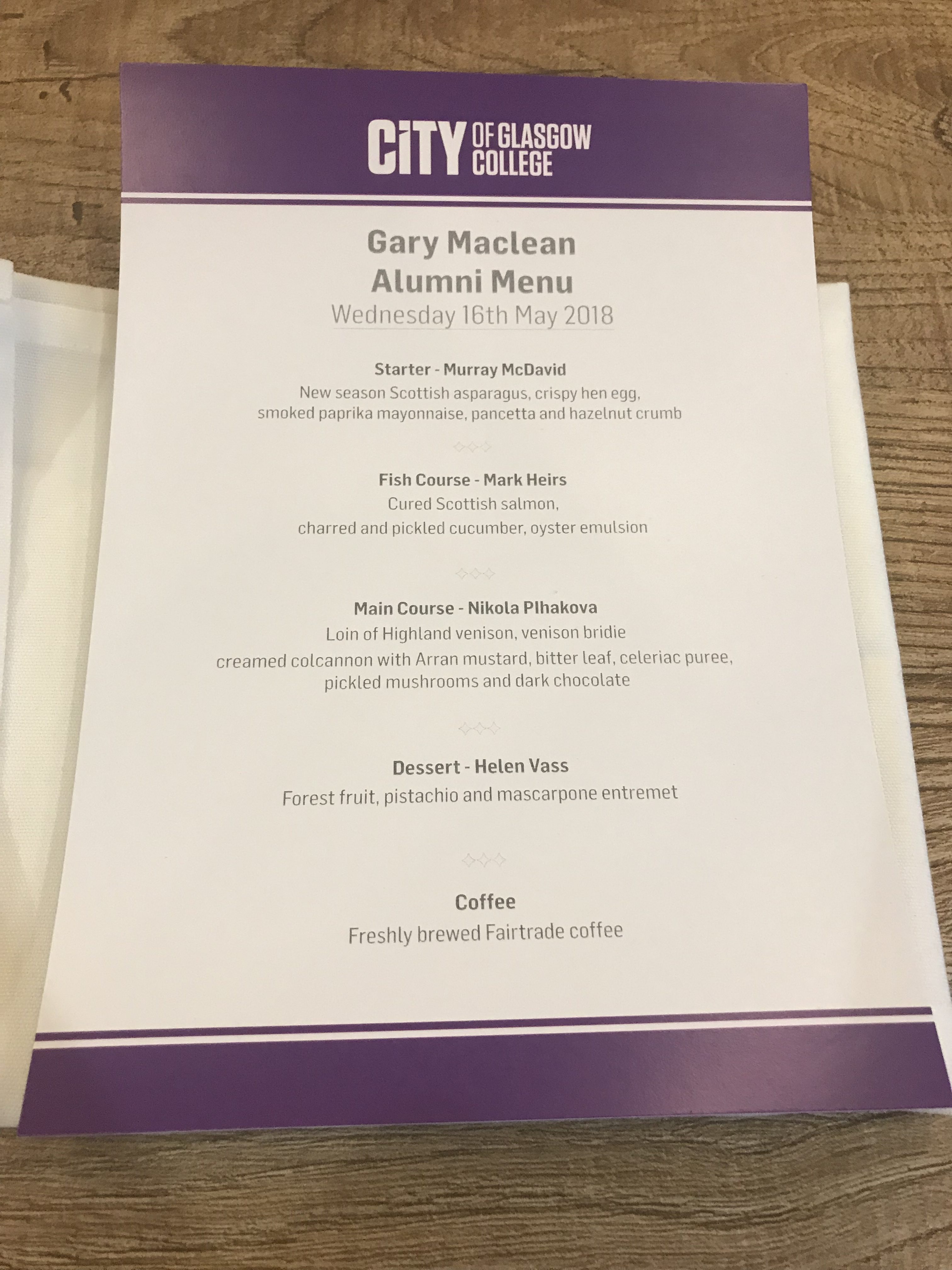 City of Glasgow college alumni dinner menu