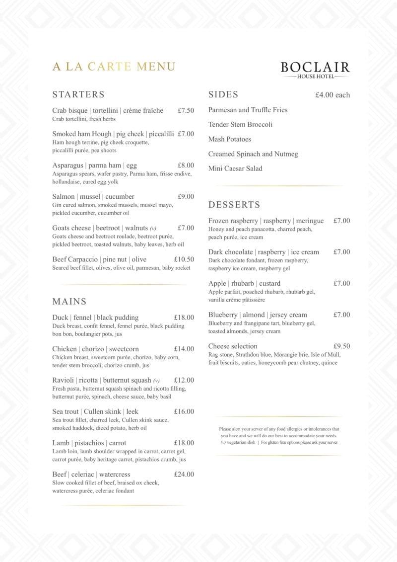 Boclair house Bearsden West End Glasgow Summer Menu 