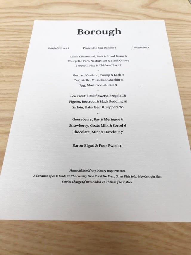 Menu Borough Leith restaurant new opening review