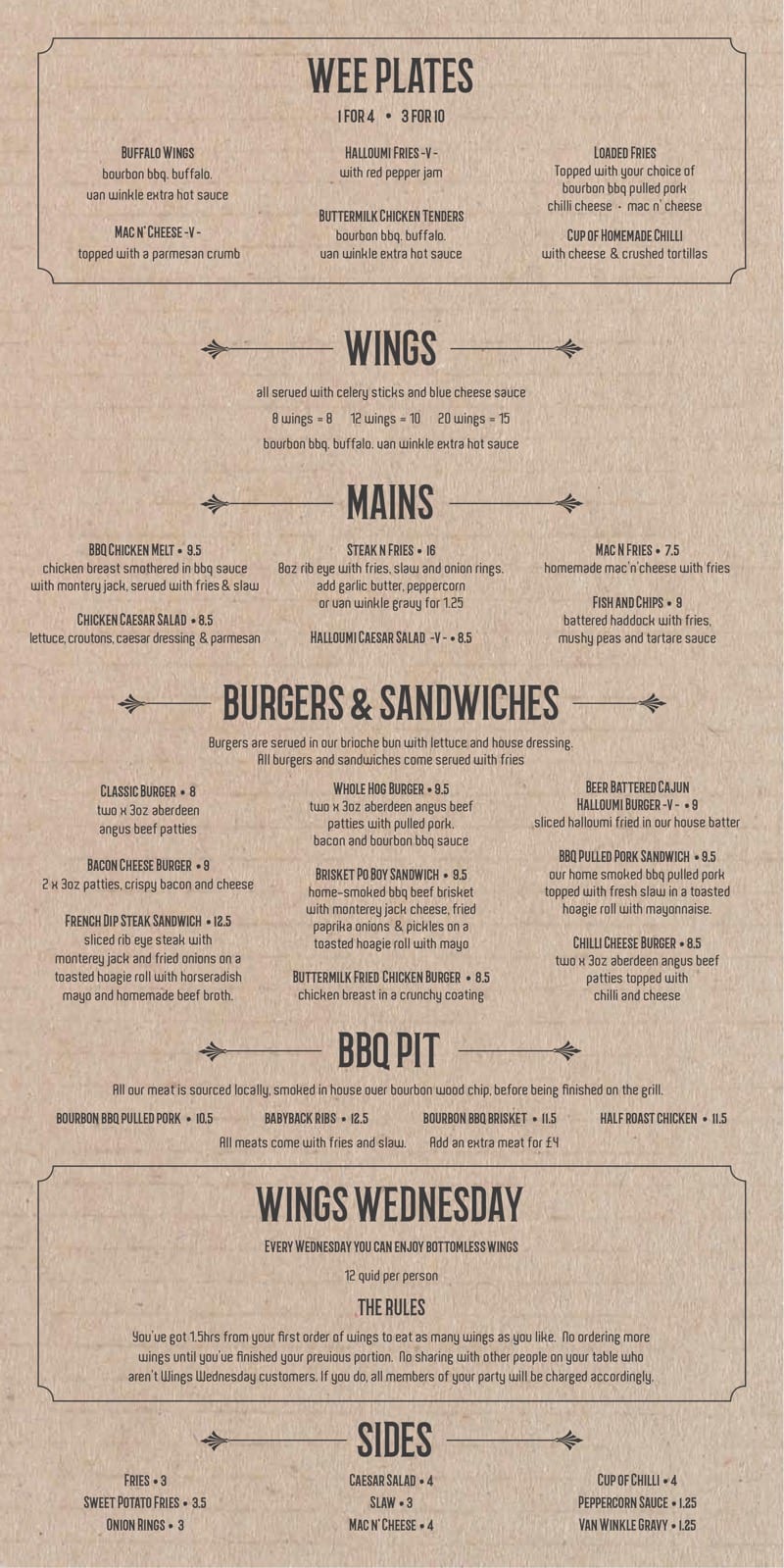 Van Winkle Bourbon bingo food menu glasgow