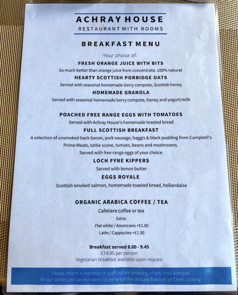 achray house breakfast menu