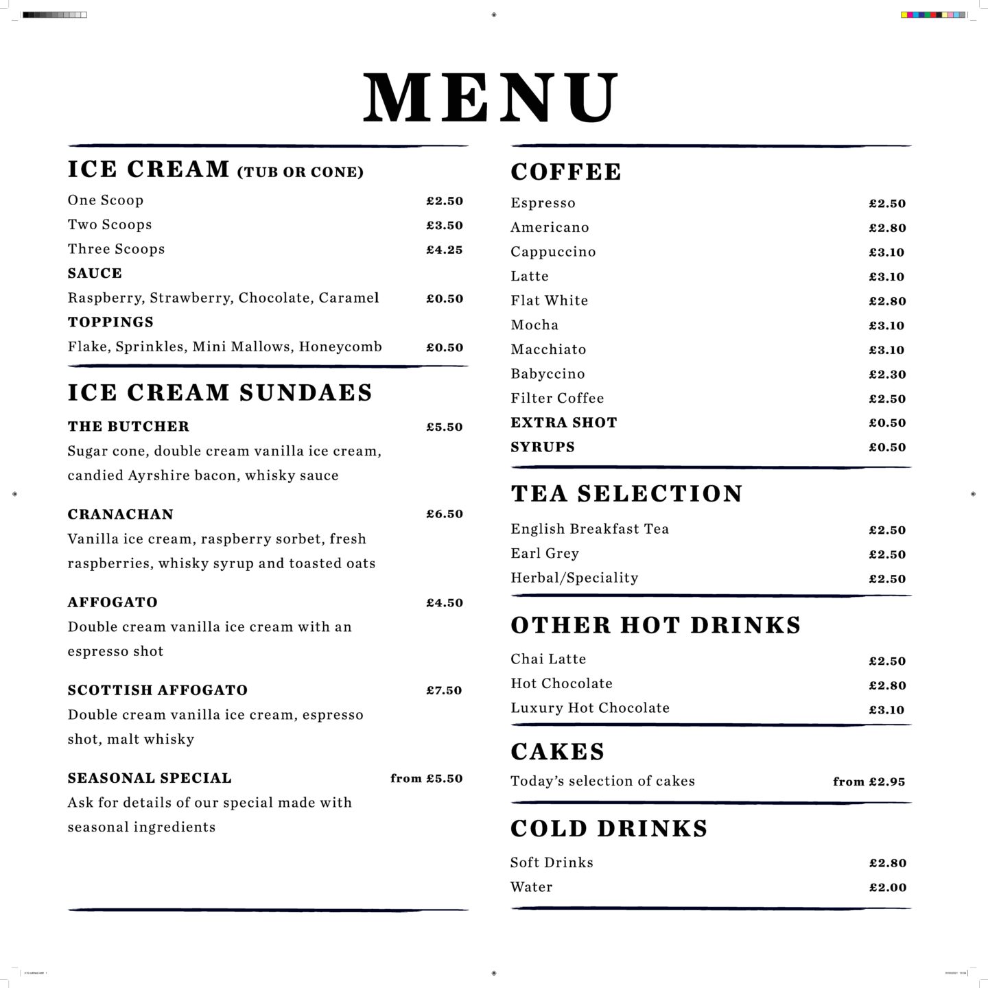 Gladstone’s land ice cream parlour menu 