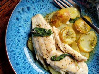 pan fried sea bass with garlic sage potatoes