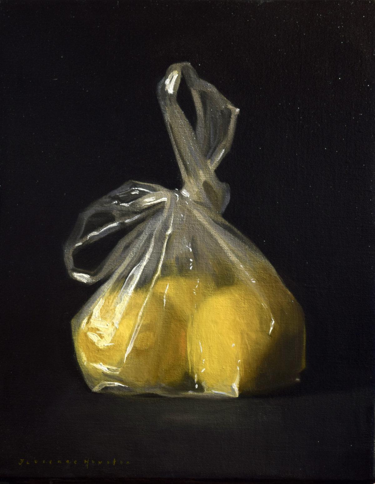 Florence Houston, Grapefruit in Plastic, oil on canvas, 2023