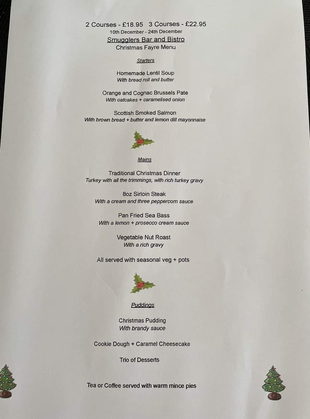 smugglers tillicoultry christmas menu 