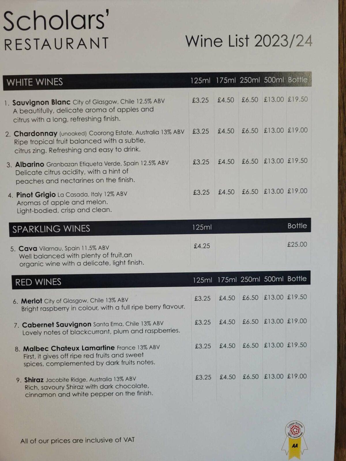 city of glasgow college scholars restaurant wine menu