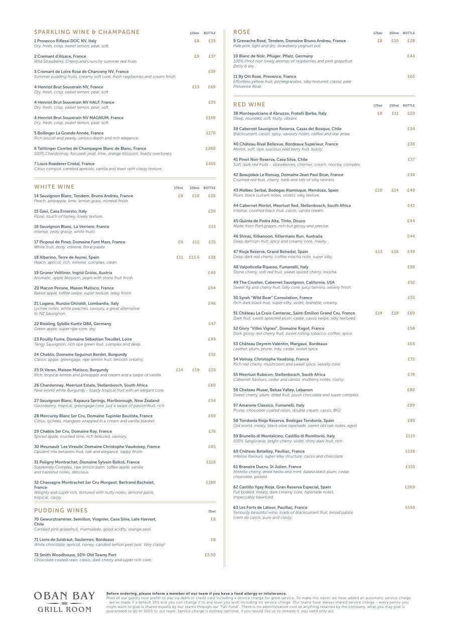 oban bay hotel wine menu