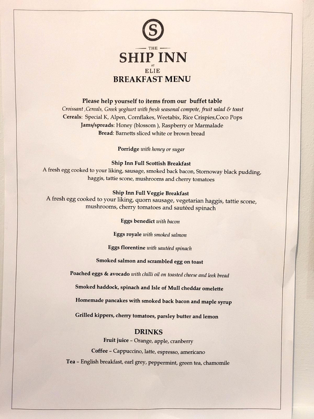 the ship inn elie breakfast menu