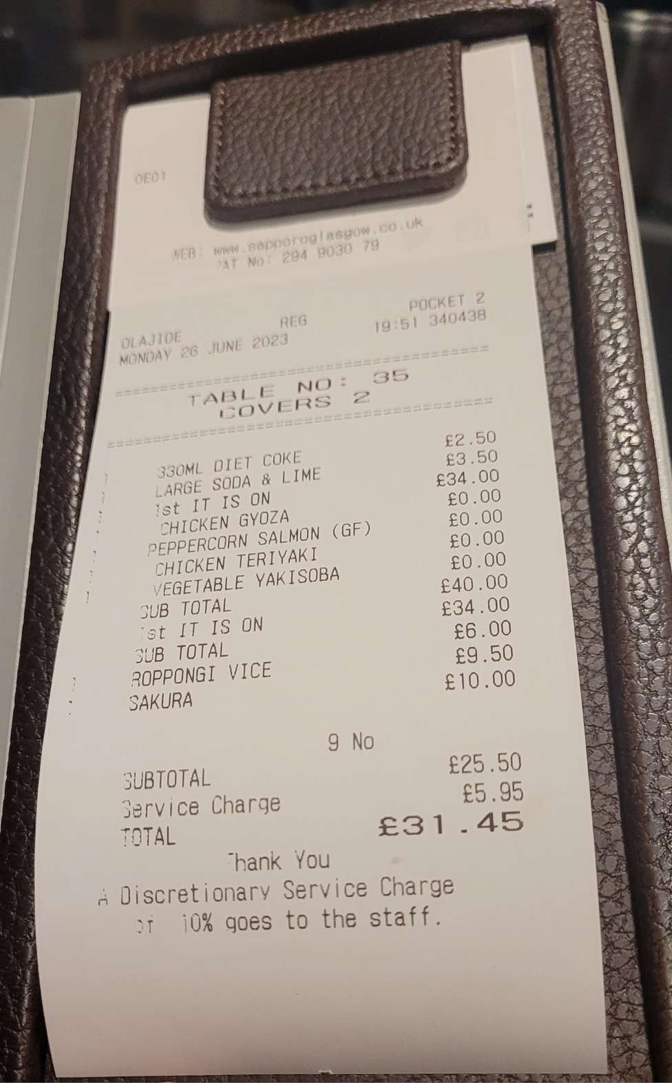 receipt showing service charge