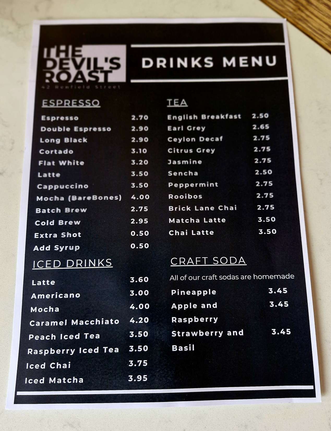 the Devil's Roast Glasgow menu 