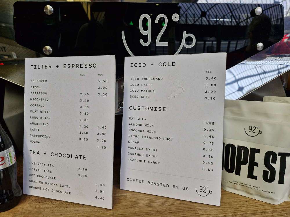 92 degrees coffee Glasgow Queen street menu