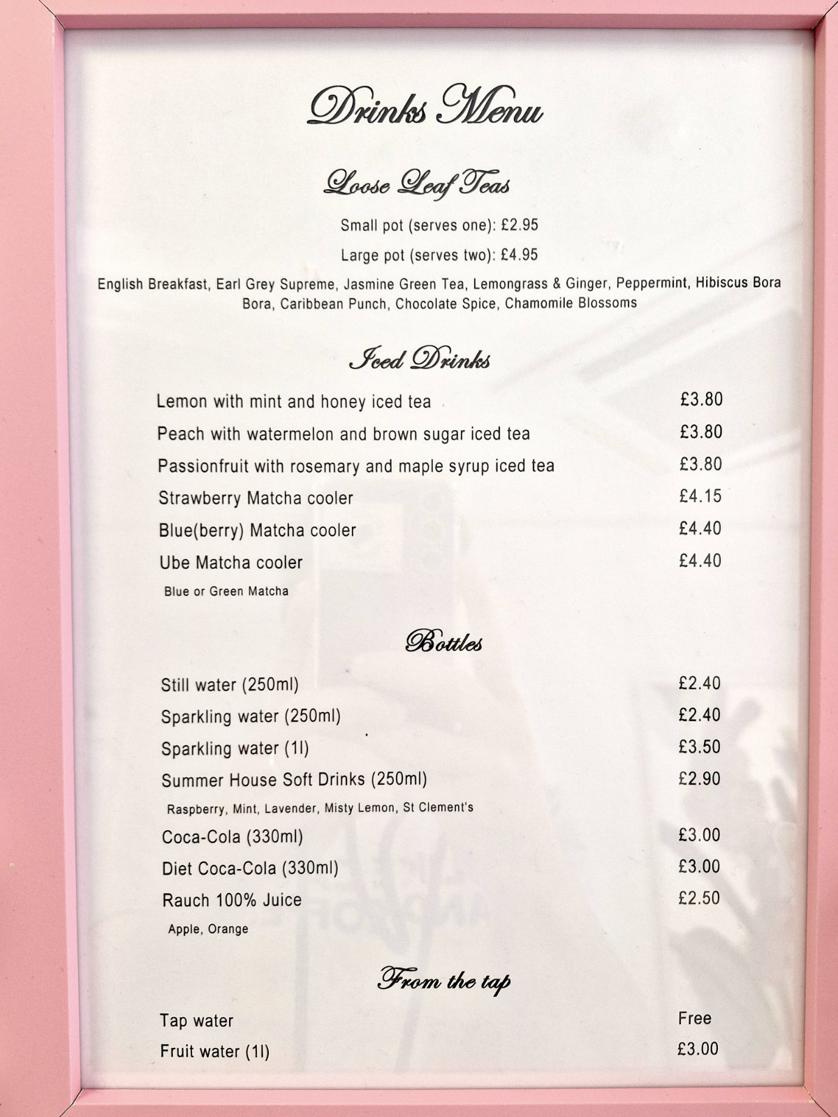 sugarfall patisserie drinks menu