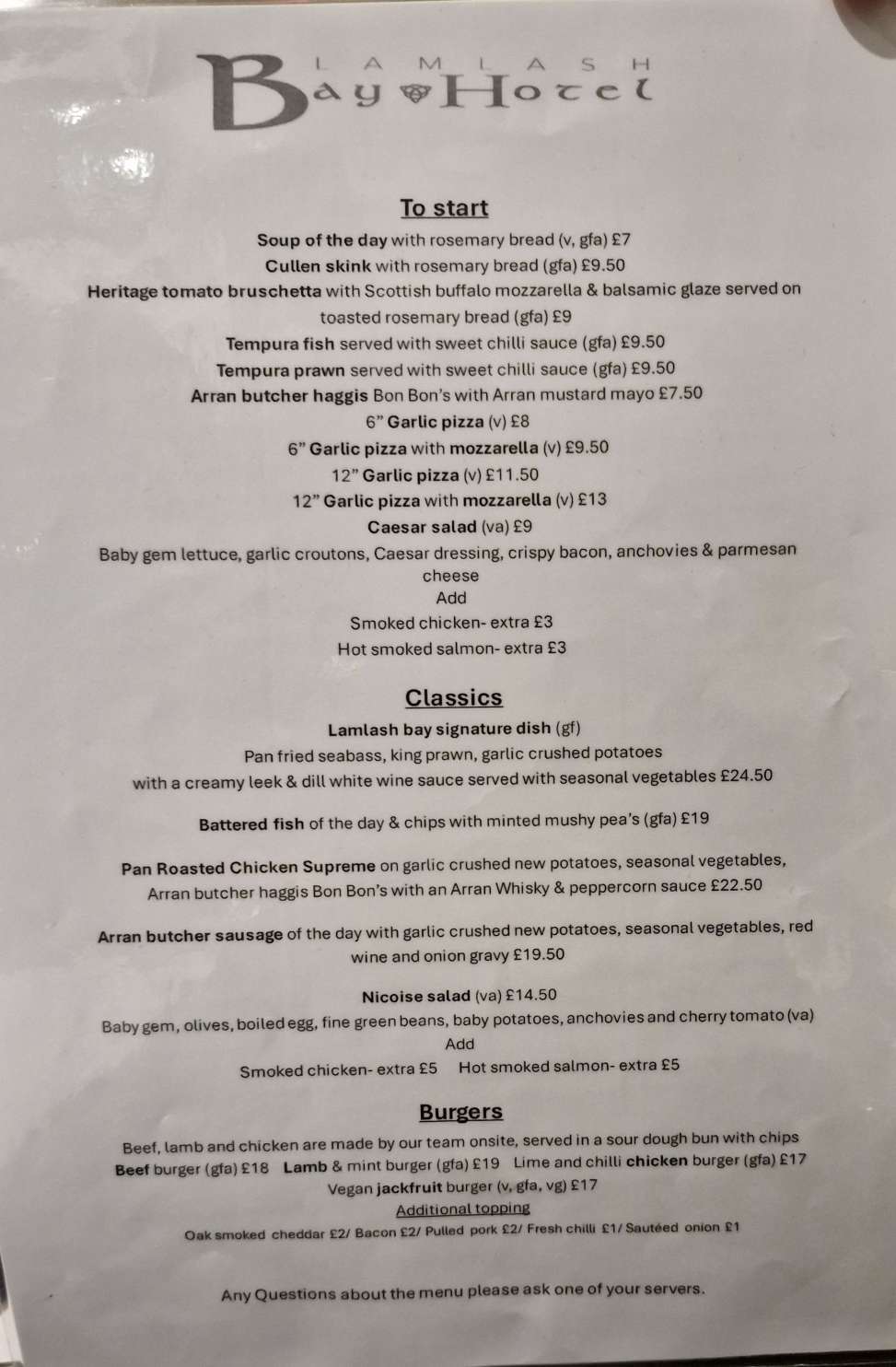 the Lamlash Bay Hotel dinner menu