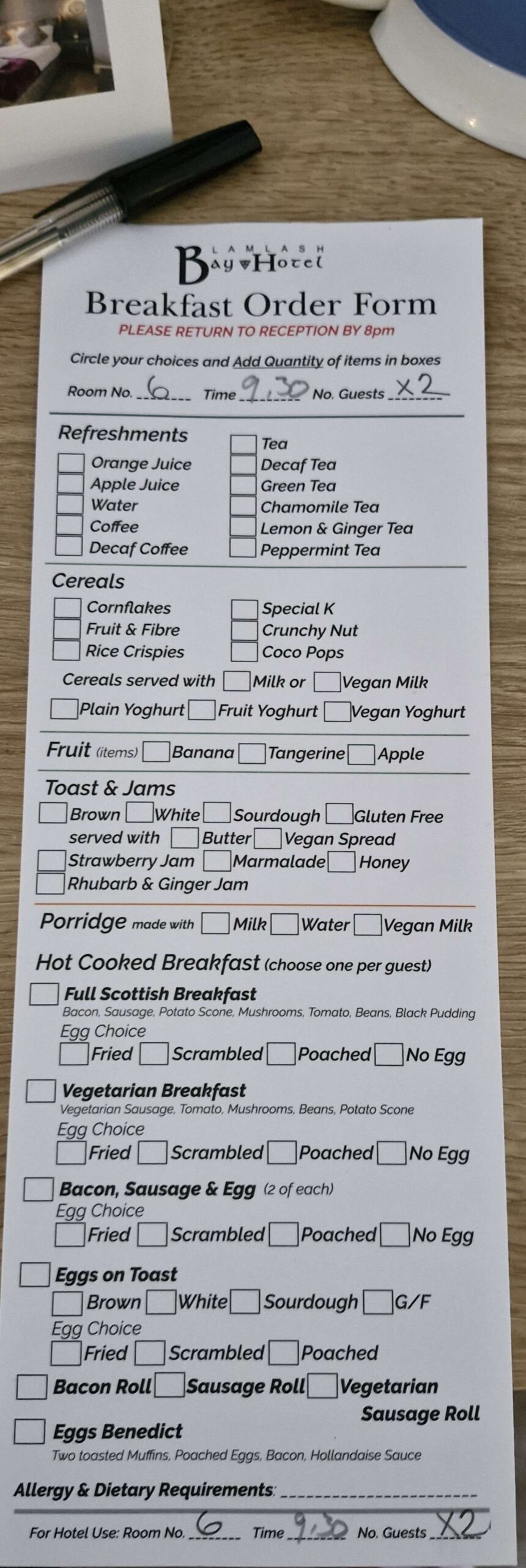 the Lamlash Bay Hotel breakfast card 