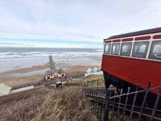 The oldest operating water balance cliff funicular in the United Kingdom looking down