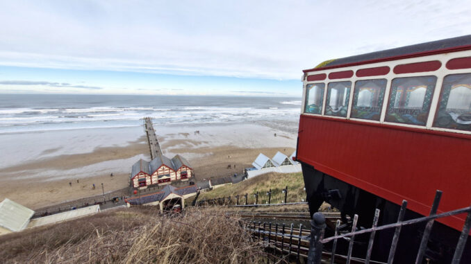 The oldest operating water balance cliff funicular in the United Kingdom looking down