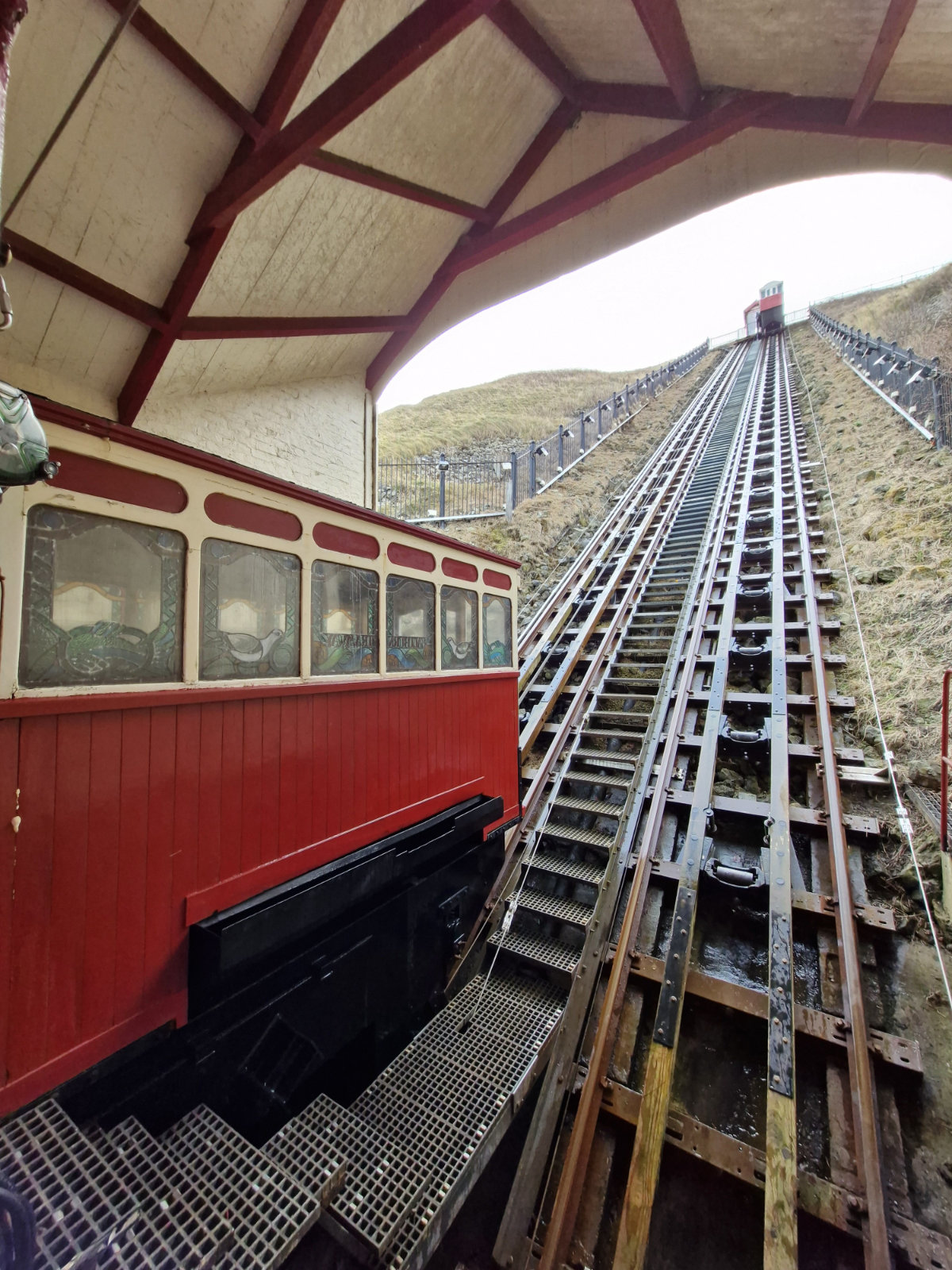 The oldest operating water balance cliff funicular in the United Kingdom looking down